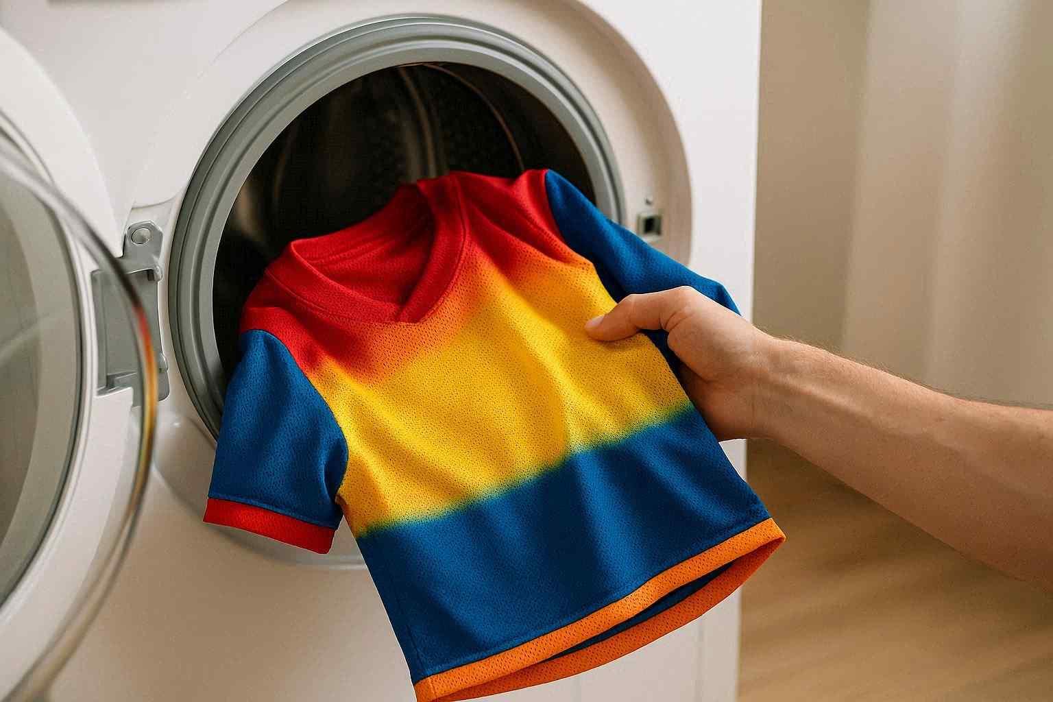 mencuci jersey dengan mesin cuci menggunakan mode lembut agar sablon tetap awet