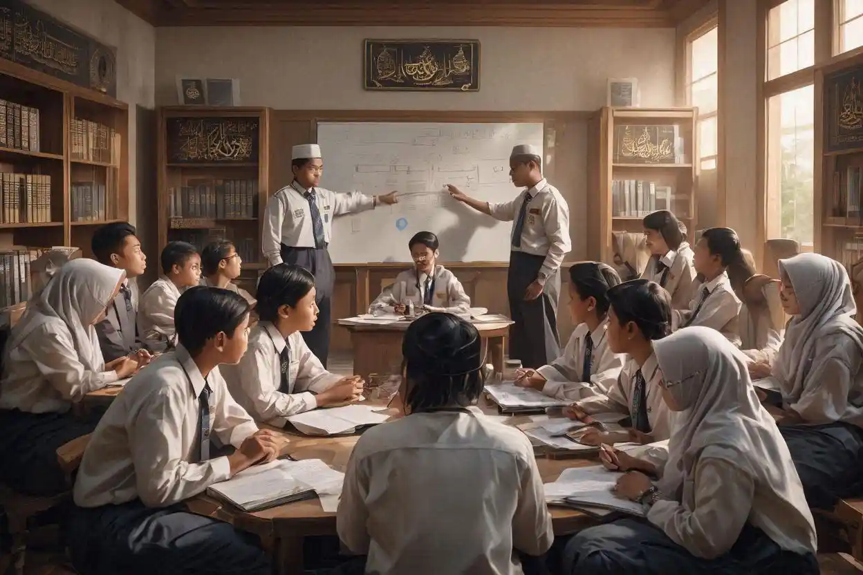 Siswa SMP Islam terbaik Yogyakarta belajar di kelas dengan suasana religius dan guru membimbing aktif.
