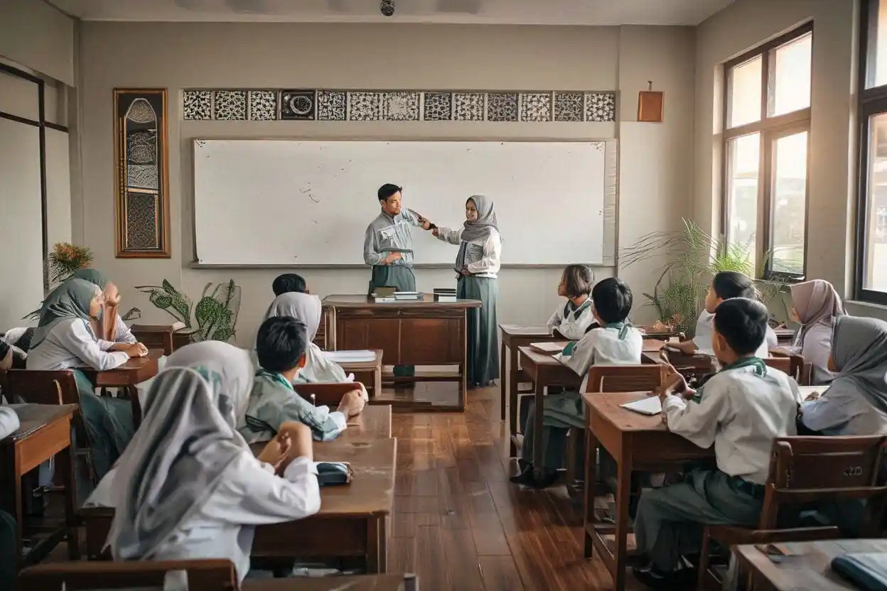 Ilustrasi suasana belajar di SMP Islam terbaik Yogyakarta dengan siswa mengenakan seragam muslim dan guru mengajar di kelas modern.