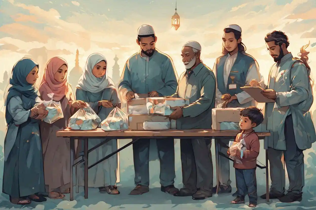 Ilustrasi penyaluran kafarat puasa Ramadhan berupa pemberian paket makanan kepada masyarakat kurang mampu