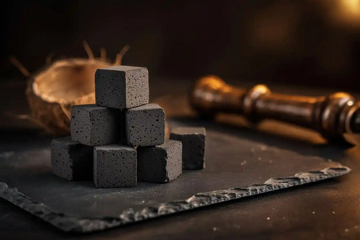 Premium coconut shell charcoal cubes arranged on a dark surface with shisha pipe in the background
